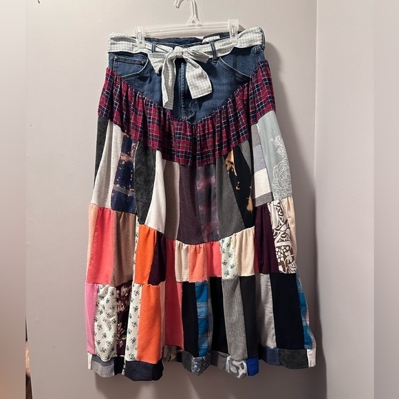 Denim patchwork skirt upcycle hand made with handmade cotton belt xl - Picture 3 of 8